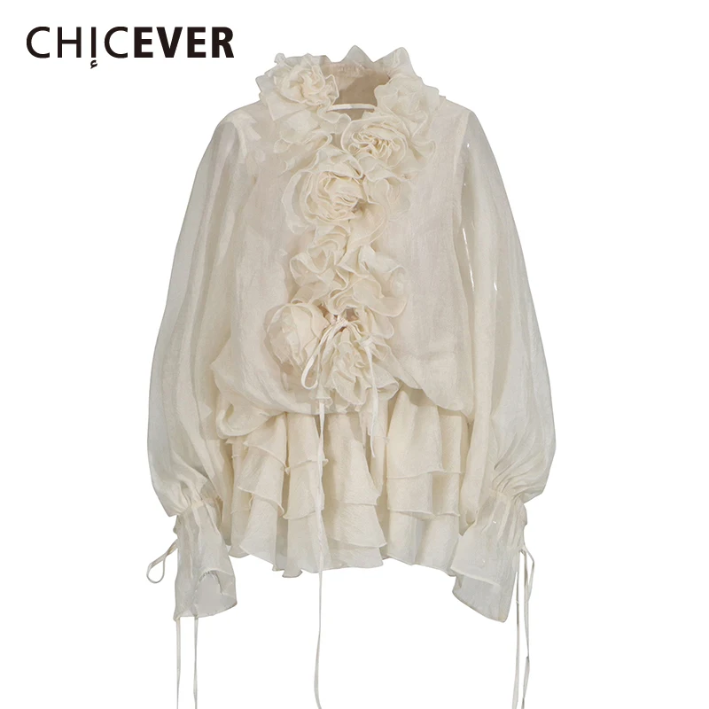 

CHICEVER See Through Spliced 3D Flower Dresses for Women V Neck Long Sleeve High Waist Temperament Loose Mini Dress Female Style