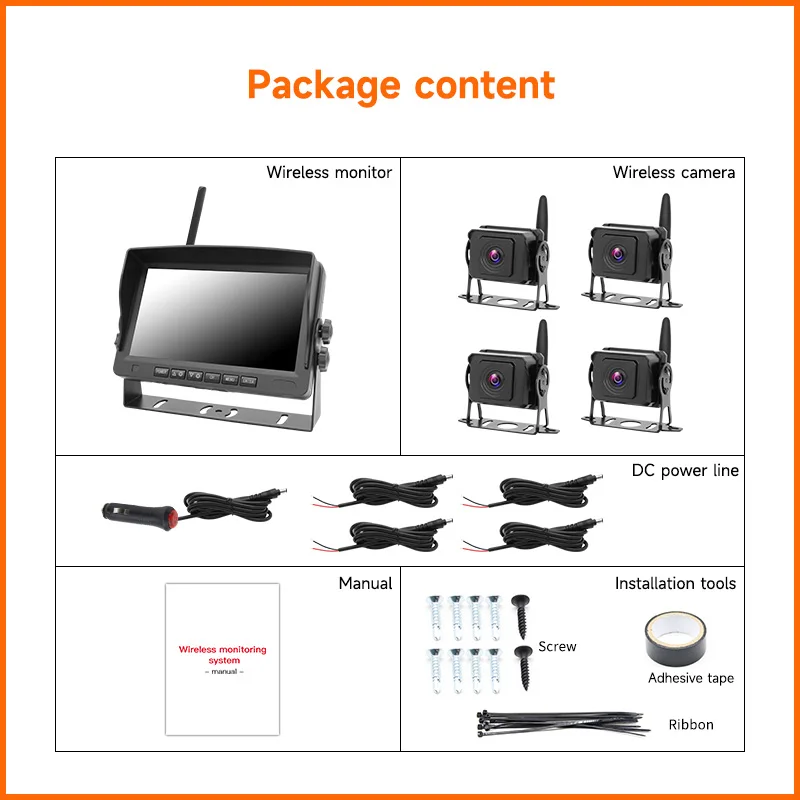 7" Monitor 4x Waterproof Wireless Backup Camera Rear View System for Truck Caravan Bus RVs