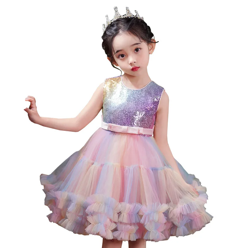 Girls Multi-color Rainbow Unicorn Tulle Dress Sequine Glitter Birthday Carnival Pageant Evening Party Princess Dress for 3-14Y