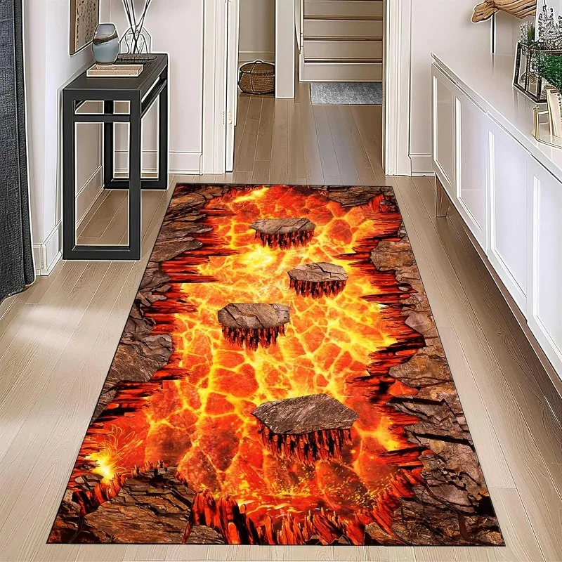 3D Optical Illusion Volcano Runner Rug Volcanic Lava Hallway Carpet Non-slip Home Decor Floor Mat for Living Room Bedroom