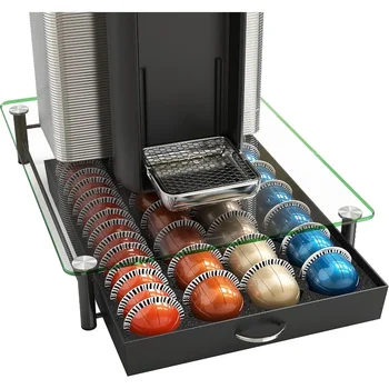 ลิ้นชักใส่กระเปาะแก้วกระจกเทมเปอร์คริสตัลขนาดใหญ่28หรือ56เล็กเนสเปรสโซจัดแคปซูลสีดำ