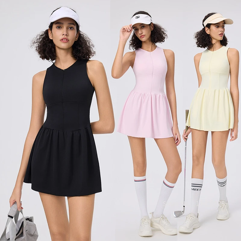 

Summer Women Tennis Dress Sleeveless Zipper V-Neck Golf Dress with Short Ladies Vintage Slim Running Sports Yoga Skirts