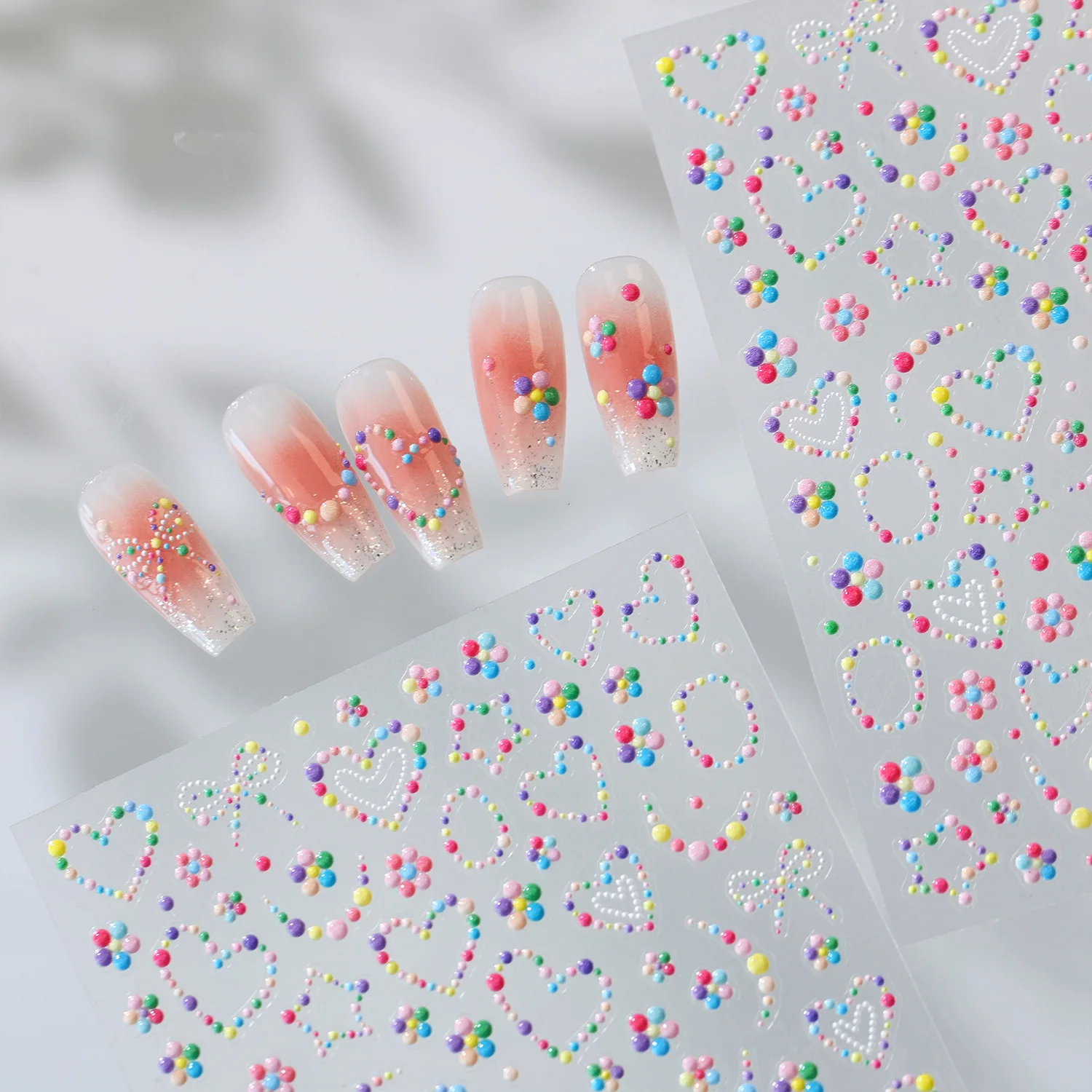 5D Jelly Sweet Candy Color Bead Heart Ribbon Star Nail Stickers Rainbow Polka Dot Pattern Decals Colorful Manicure Accessories