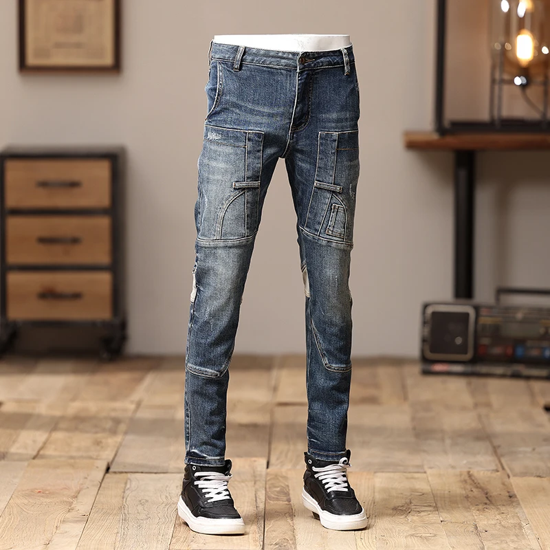 High Street Fashion Men Jeans Retro Blue Stretch Slim Fit Spliced Designer Biker Jeans Homme Patched Hip Hop Denim Pants Men