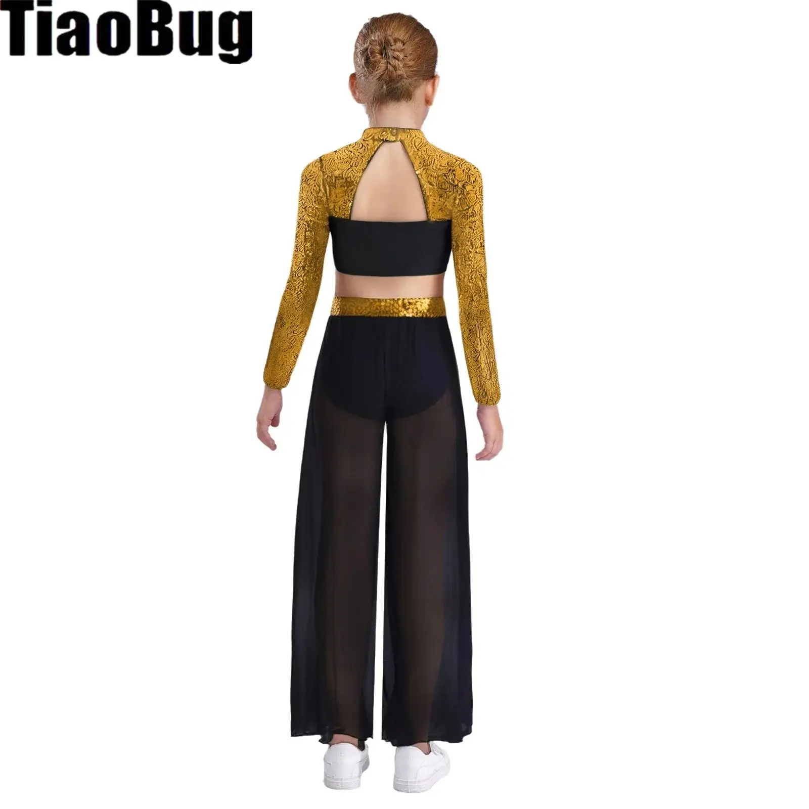 Girls Lyrical Dance Set Ballet Jazz Dance Costume Long Sleeve Sequin Crop Top with Chiffon Wide-Leg Side Slit Dance Pants Outfit