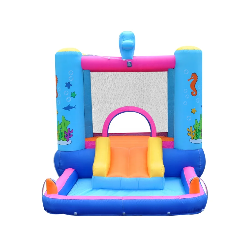 Mini inflatable bouncing house amusement water spray children inflatable seahorse bouncing castle happy jumping bed water slide