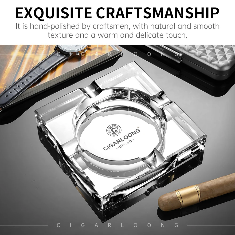 4 Slot Crystal Glass Cigar Ashtray,Large Caliber Cigar Rest with Anti-Slip Bottom,Heavy Duty Tabletop Ashtray for Lounge Bar