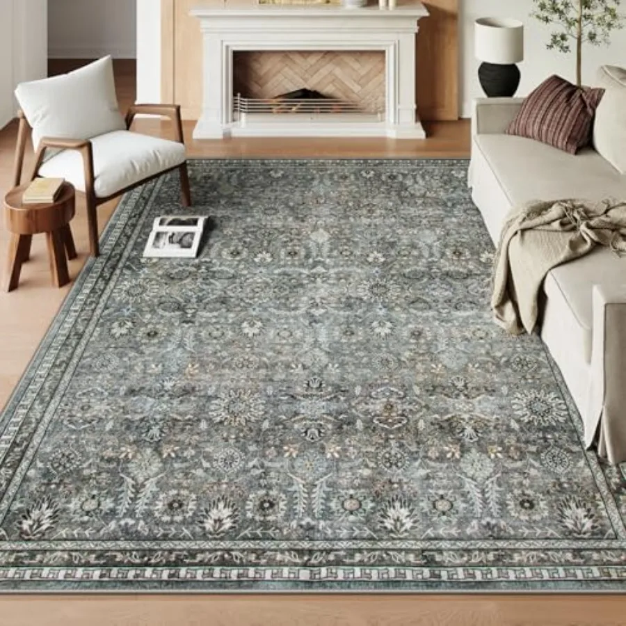 

Black Floral Living Room Rug 8x10 Washable Charcoal Area Rugs for Bedroom Soft Pet Friendly Stain Resistant Floor Carpets for D