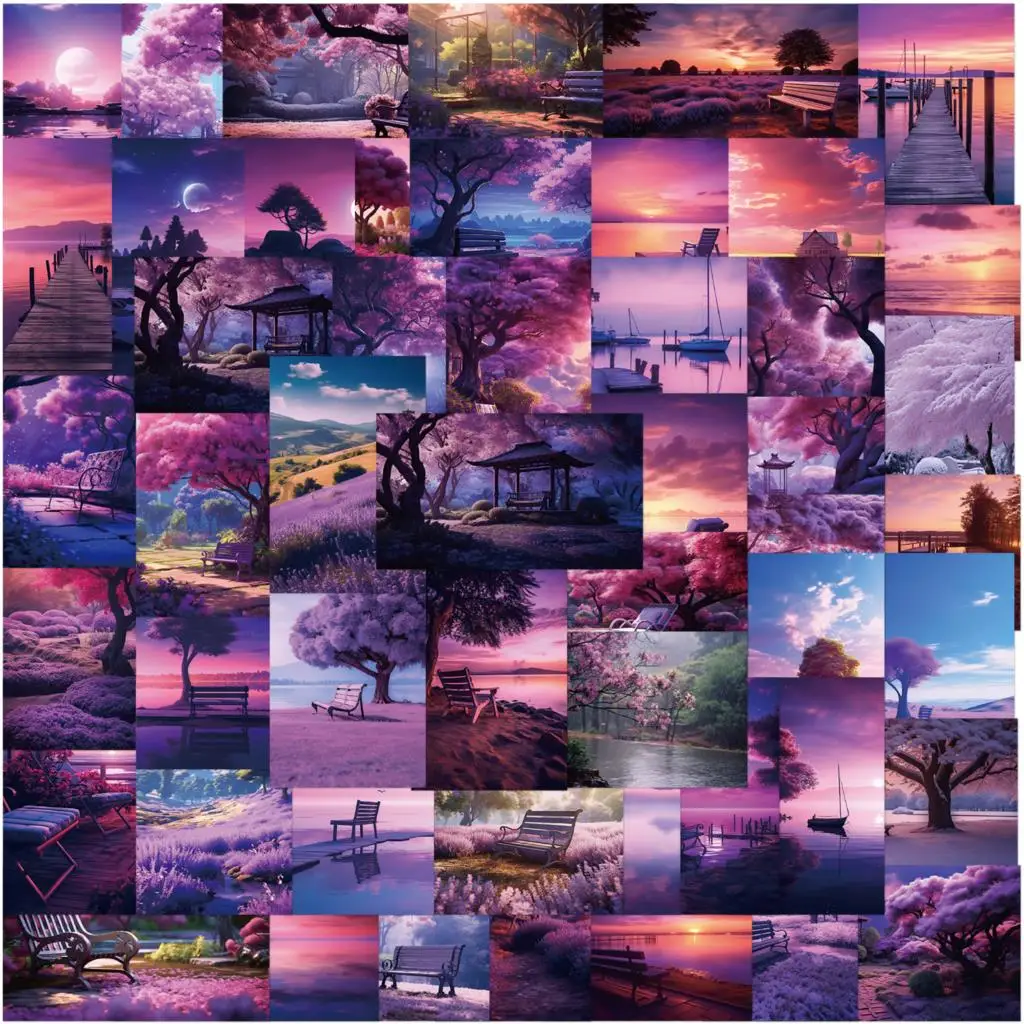 50PCS Purple Tranquil Scenery Decoration Stickers DIY Notebook Refrigerator Laptop Skateboard Graffiti Waterproof Sticker Toy