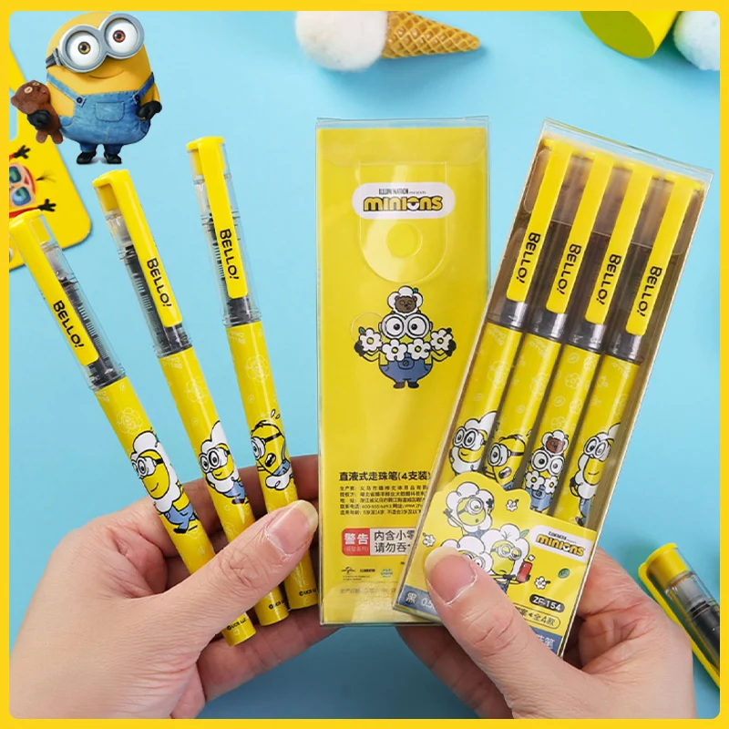 4pcs Minions penne Gel nero ad asciugatura rapida tipo di ago dritto liquido a sfera cartone animato divertente esame di scrittura carino