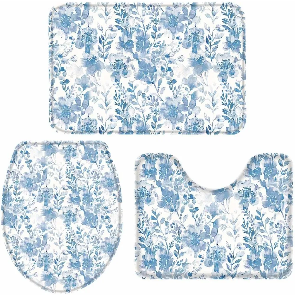 

3 Piece Bathroom Rugs Set Watercolor Flower Blue Floral Non-Slip Bath Rug,U Shape Mat And Toilet Lid Cover Mat,Water Absorbent