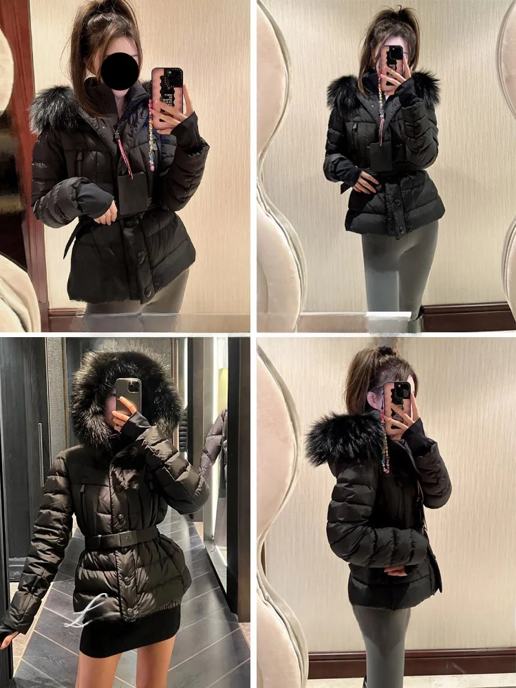 Jaqueta Curta E Preta com Gola de Pele para Mulheres, Casaco de Inverno Quente com Cintura Ajustável, Estilo Moderno p...