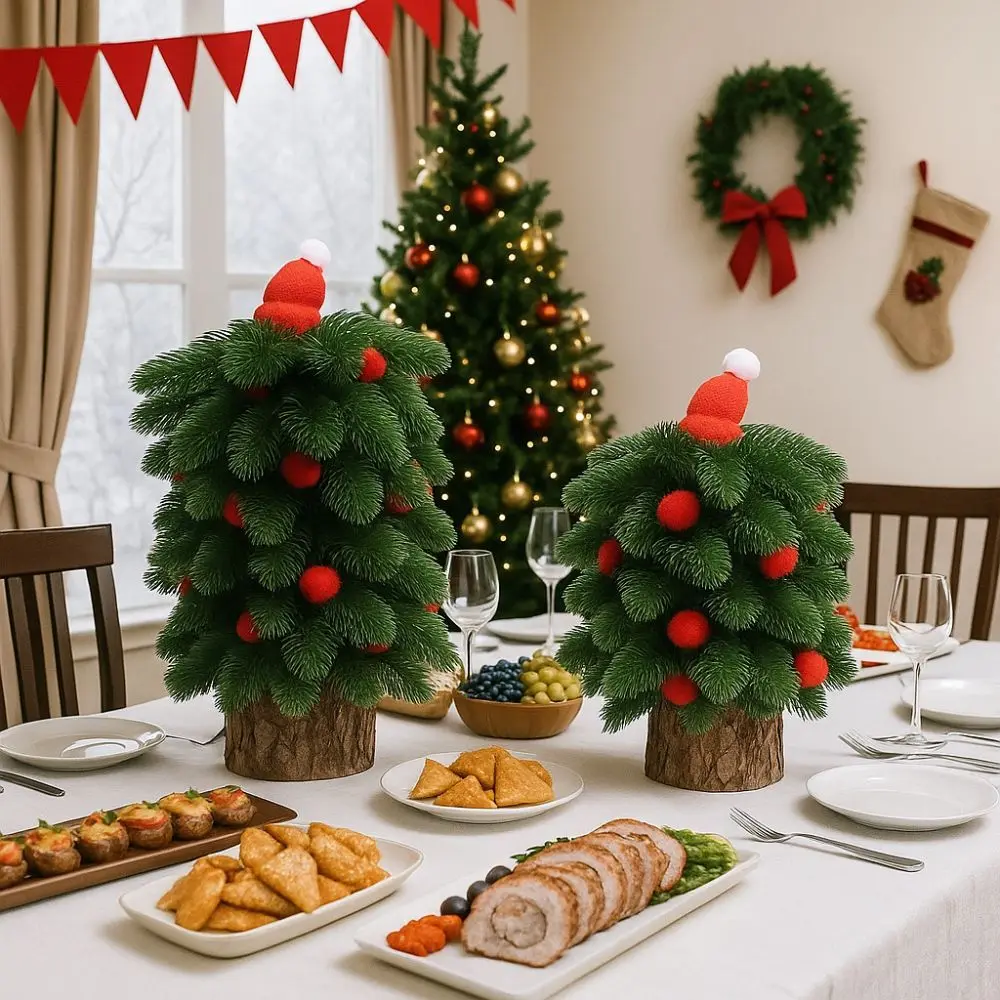 

Tower Shaped Christmas Tree Ornaments Wooden Base Lifelike Mini Christmas Tree Reusable Christmas Decorations New Year Party