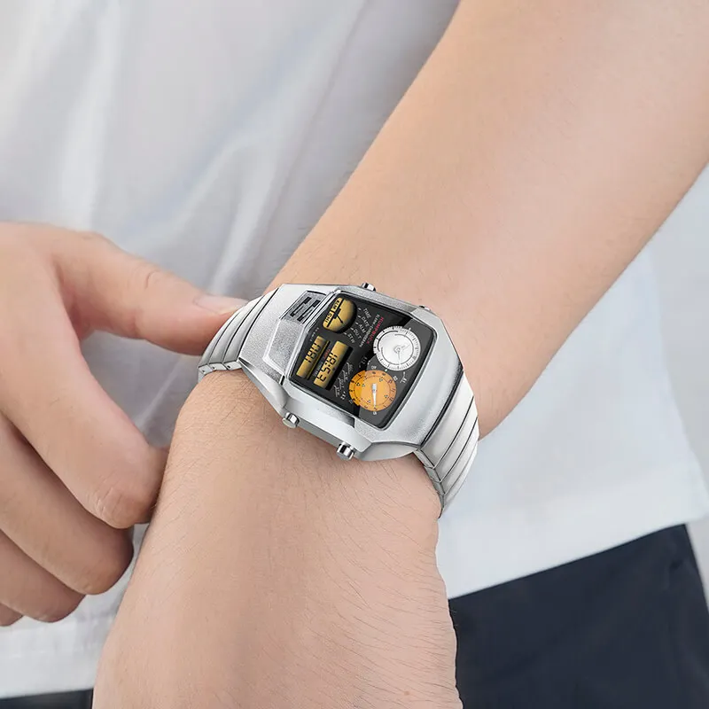 HUMPBUCK Galactic Space Style Men's Watch Stainless Steel Digital Analog Luxury Retro Sci-Fi Watch Temperature Sensor Dual Time