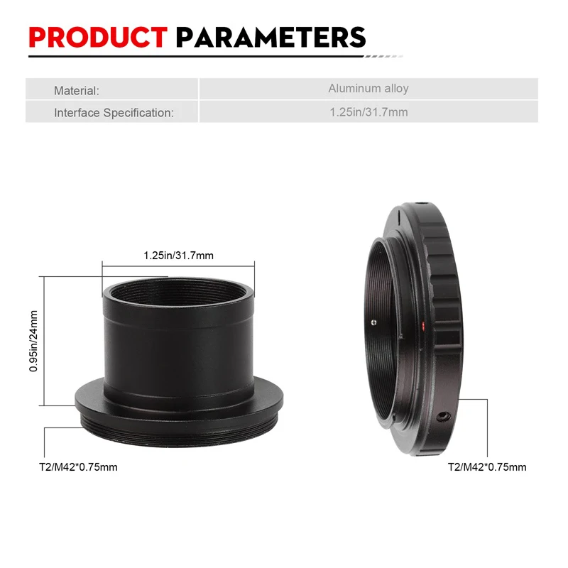 Datyson Teleskop-Kamera-Aufnahmeadapter, T2-Ring und (1. 25 Zoll /31. 7 mm) Vollmetall-Objektivadapterring vom Typ T, geeignet für Ai Nikon/Sony/Canon Eos. Ef/Olympus Om/Minolta/Pk Pentax DSLR-Kameras, 1. 25-Zoll-Zubehör für astronomische Teleskope, geeignet für den perfekten Fokus, astronomischer Teleskop-Aufnahmeeinsatz. – Detail 2