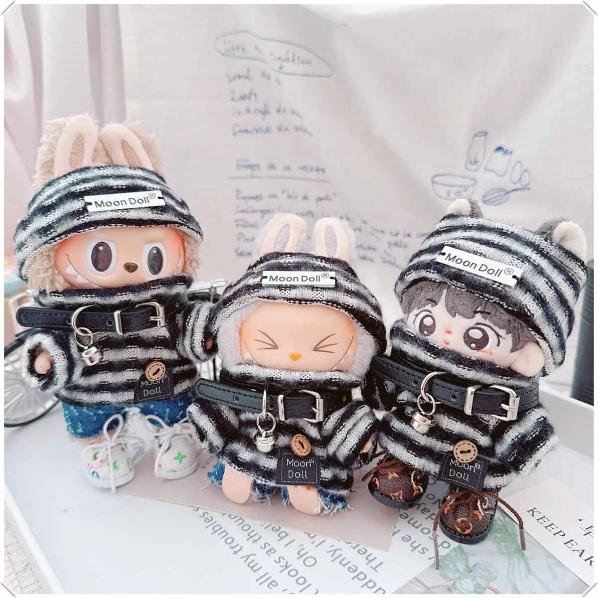 

10cm Kawaii Idol Doll Clothes Stripe Sweater Hat Leather Skirt Necklace Set DIY Plush Doll Changing Clothes Game Cute Soft Toys