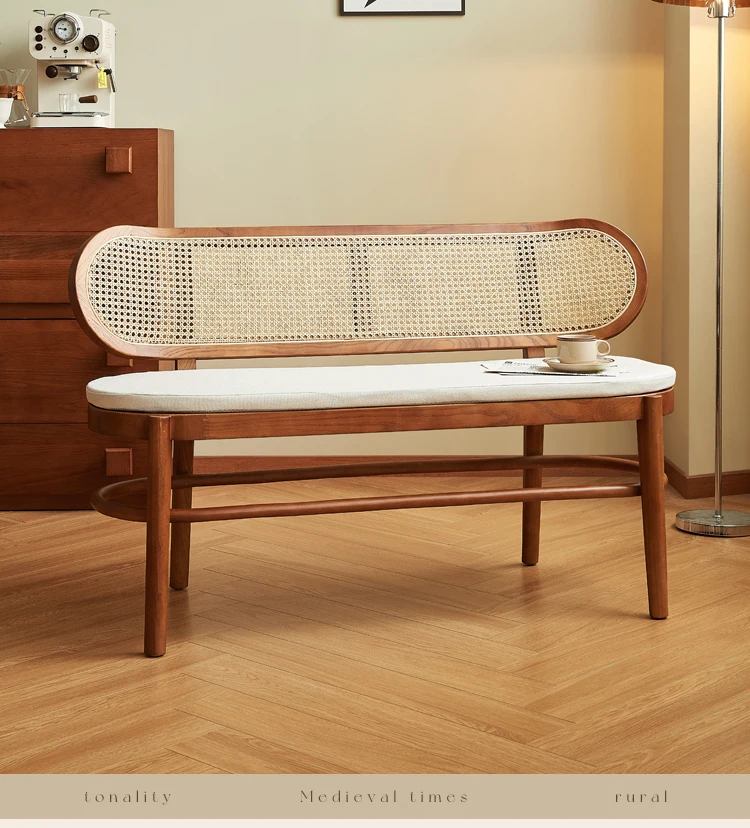 

Wabi-sabi style solid wood rattan bench retro bedside bench bedroom log long bench dining chair sofa