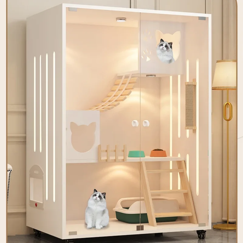 Cream-style Cat Cage for Pet Shop Density Board Cat House Double-layer Large Space Glass Door Light Luxury Simple Cage for Cats