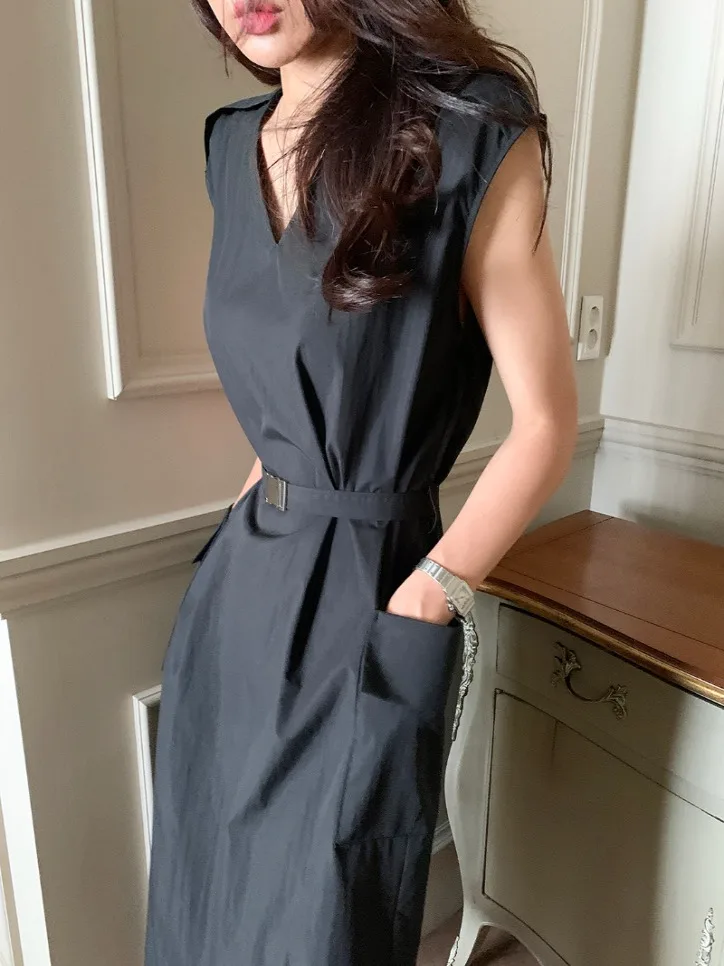 Chic Svel Vest Dr femmes taille ample cintré minceur Ba fendu jupe longue droite été trajet Sle V Ne Poly...