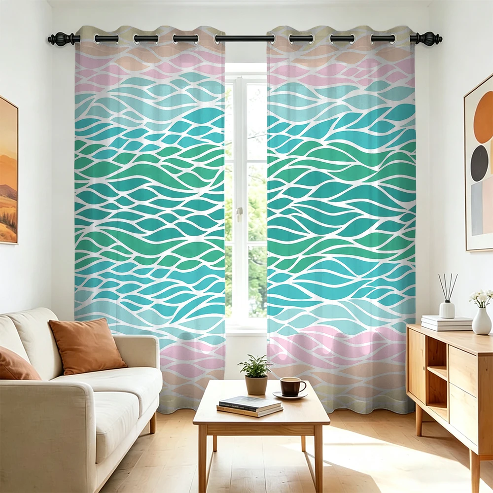 1Pc Gradient Water Ripple Line Print Double Sided Perforated Curtain Light Filter Privacy Window Curtain Abstract Pattern Hom
