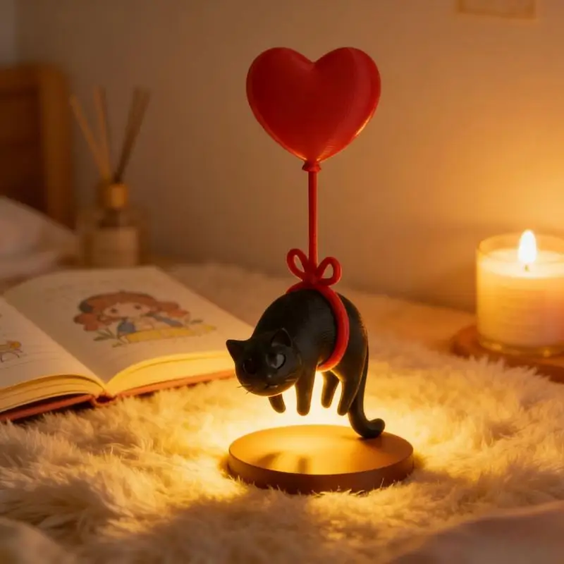 1Pcs Home Bookshelf Bedside Table Ornament Cute Floating Cat Statue With Heart Shaped Balloon Cozy Romantic Desk Decor Gift