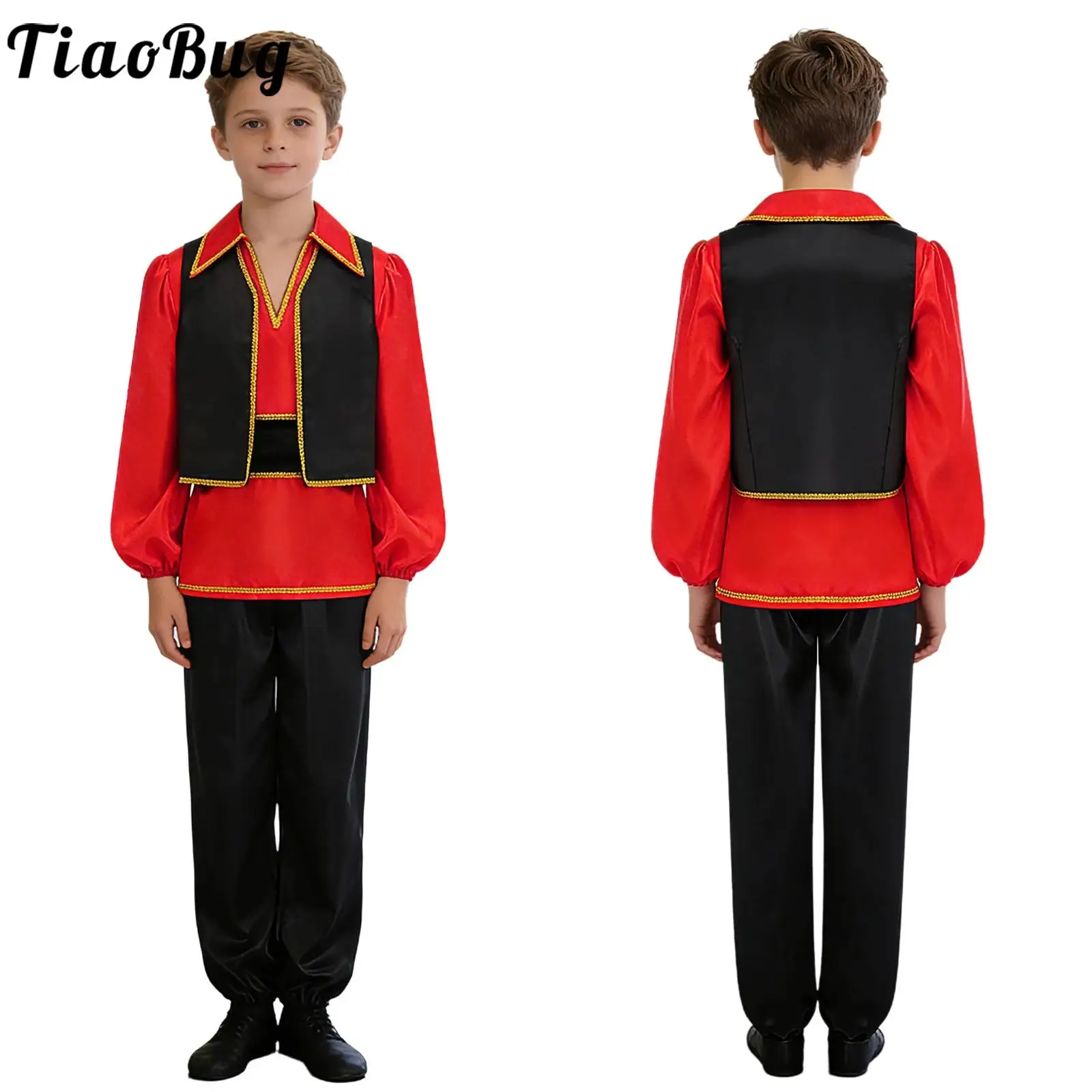 Kids Boys Spanish Flamenco Dance Performance Costume V Neck Long Sleeve Braid Trim Vest Shirt Tops with Long Pants Waistbelt