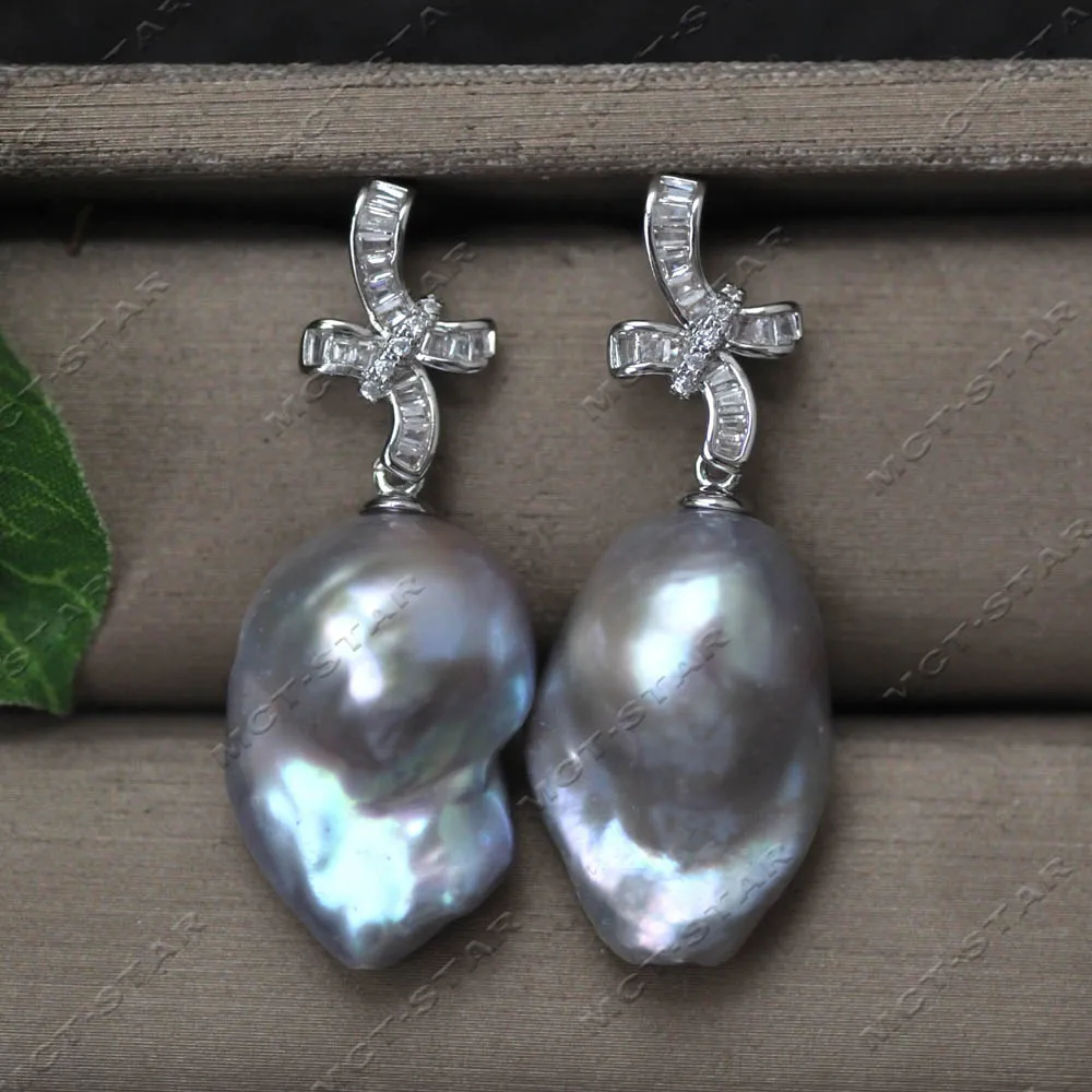 MTC·STAR 23mm Tapered CZ Bow Accent Gray Baroque Keshi Pearl Dangle Earring For women (Z14705) Earrings