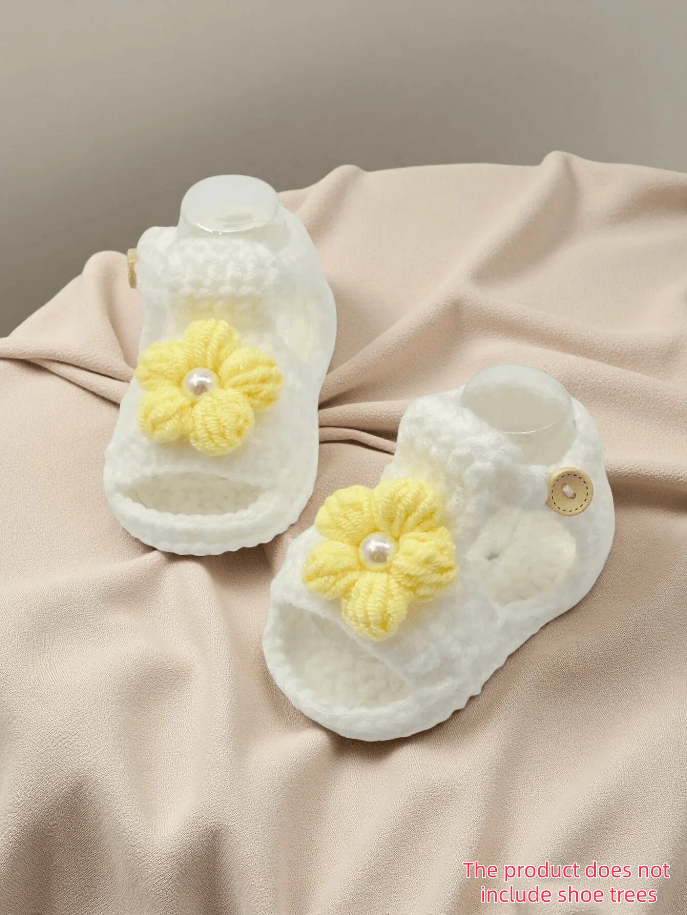 

1 Pair Handmade Crochet Baby Girl Sandals, White with Yellow Flower, Pearl Accent, Infant Shoes