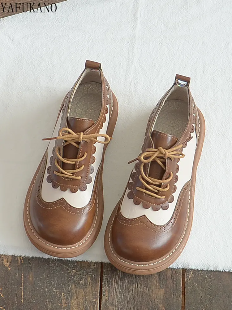 Two Tone Small Leather Shoes Handmade Literary Mori Girl Thick Sole Casual Shoes Brogue British Style Round Head Flat Shoes