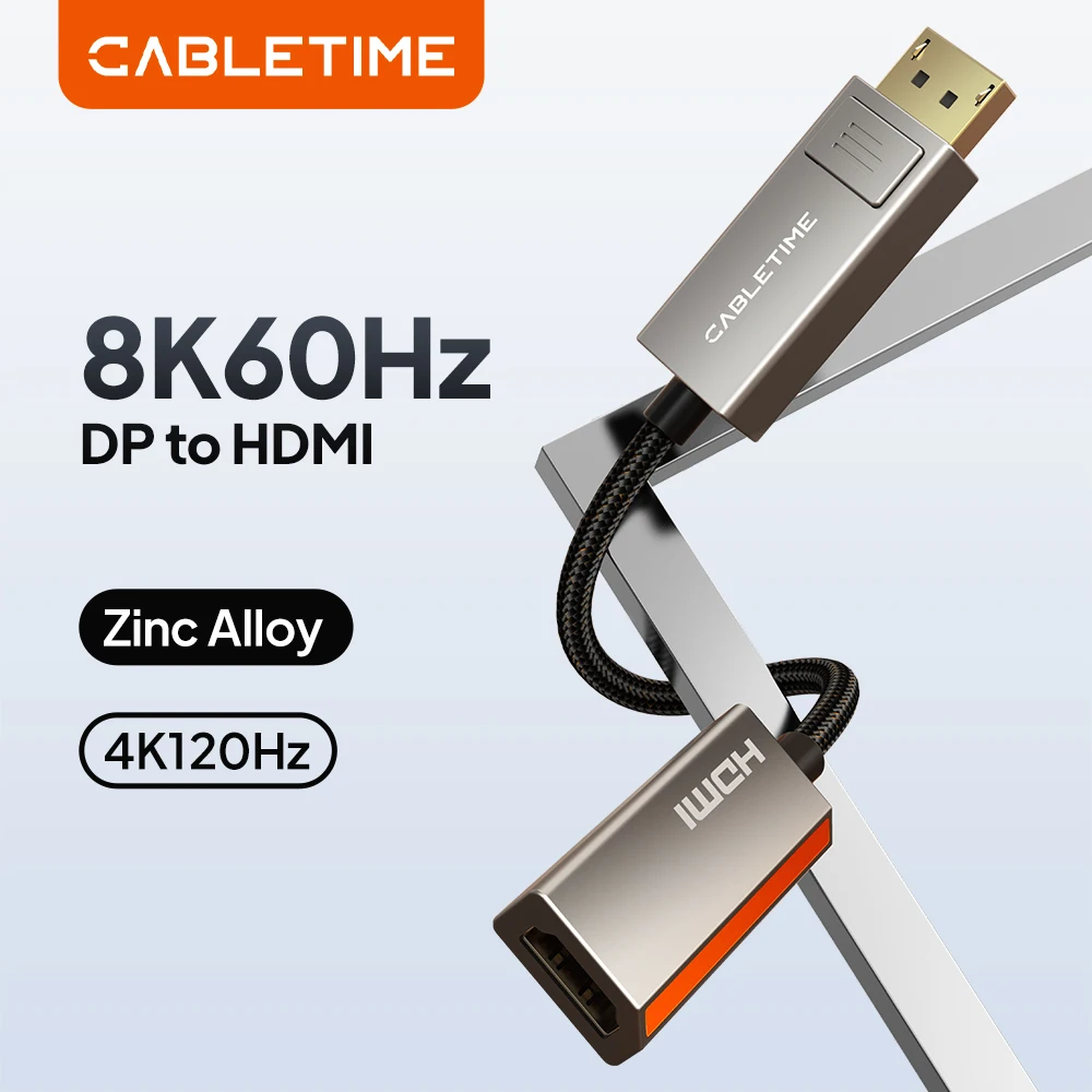 CABLETIME Displayport to HDMI Adapter 8K 60Hz 4K 120Hz HDR 10 Zinc Alloy VMM7100 Chip for Desktop PC DP Adapter C449