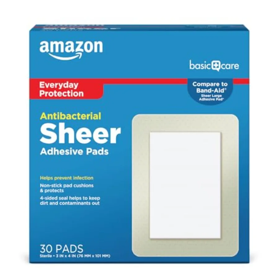 

Пластыри Amazon Basic Care Sheer Adhesive Pad для небольших порезов, царапин и ран, особо большие, 3 x 4 дюйма, нелипкие, 30 штук.