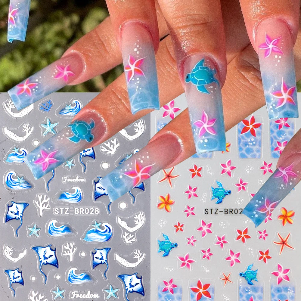 2Pcs Embossed Summer Ocean 3D Nail Art Stickers Wave Flower Coral Turtle Fish Stingray Patterns Sliders DIY Manicure Decorations