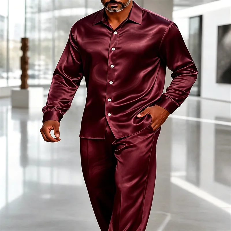 Men's satin two-piece suit, burgundy solid color long-sleeved collared shirt + trousers set, silky loose casual menswear.