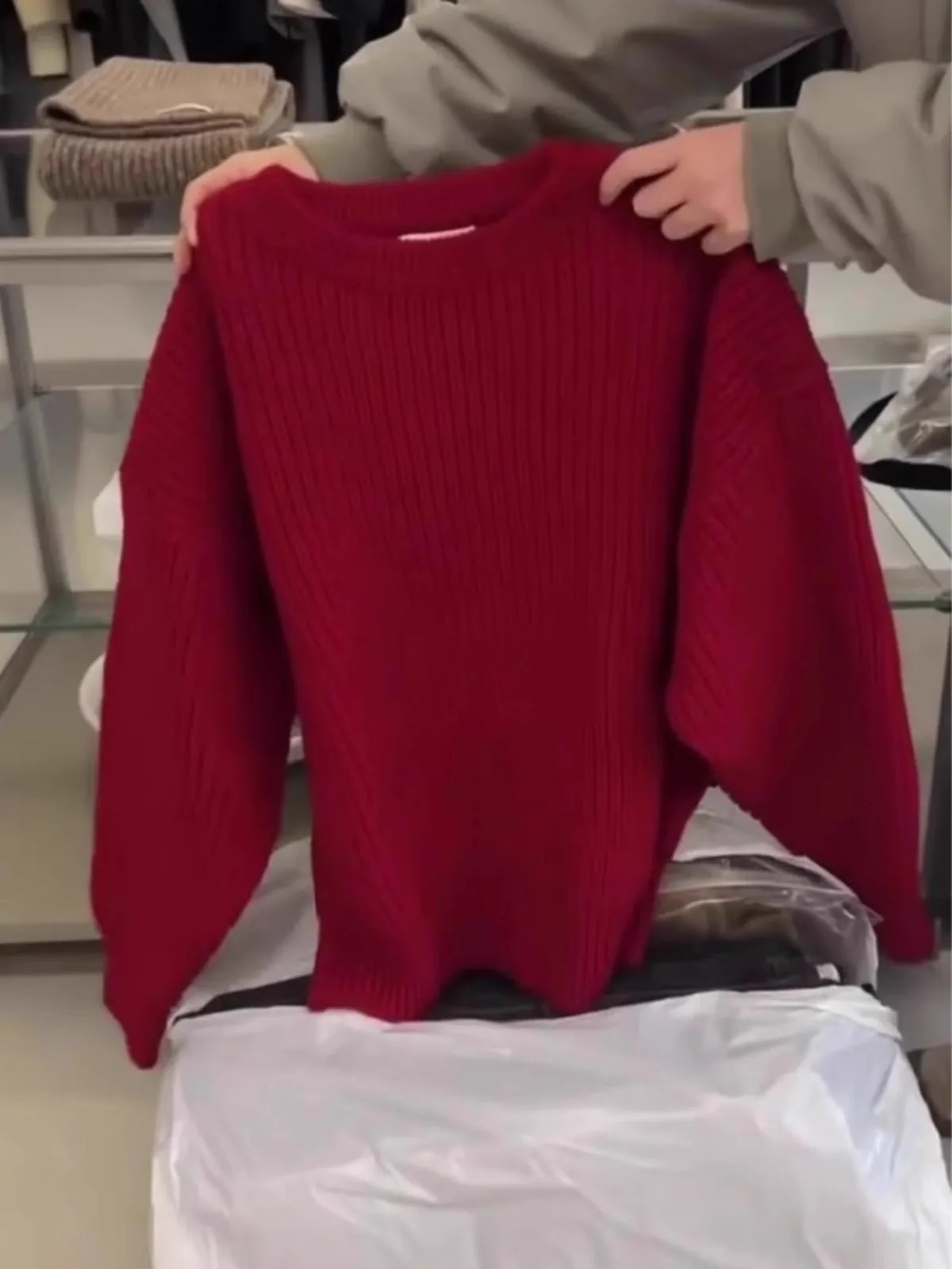 

Soft Bear Fur Knitted Sweater Red Lazy Base Layer Autumnal European Sle Women's Faion Retro Sle Commute Pure Color Long...