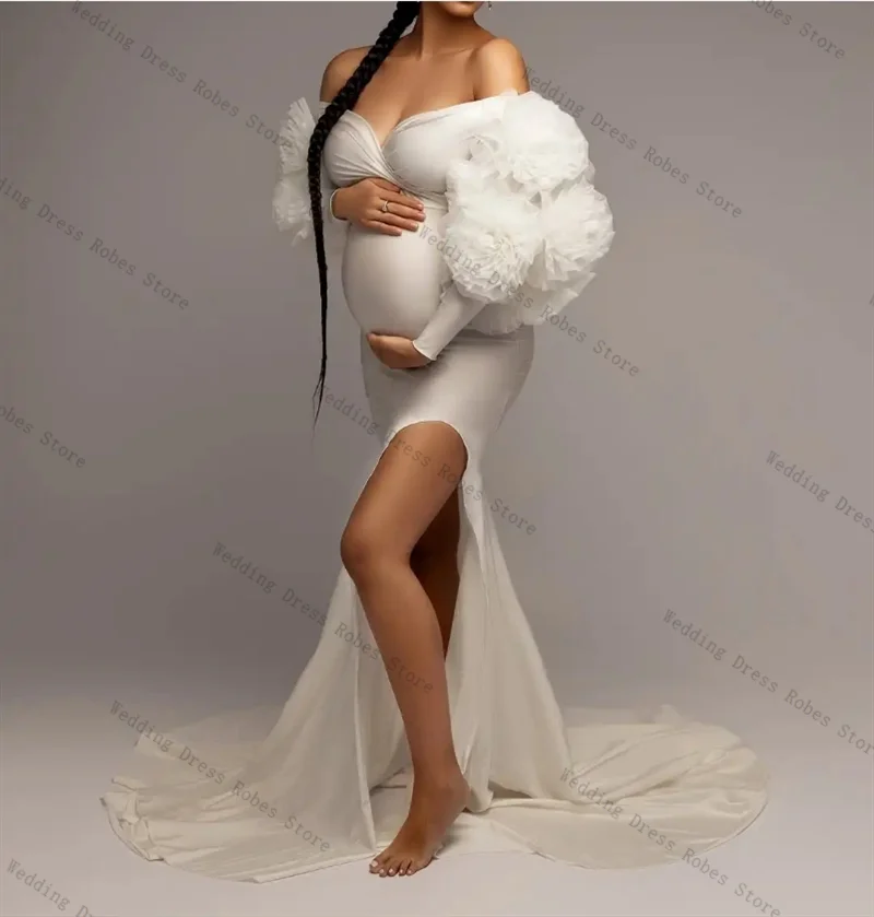 

Off White Women Pregnant Prom Dress Sexy 3D Flower Full Sleeve Maternity Robes Luxury Evening Gown Sleepwear Customized Skirt