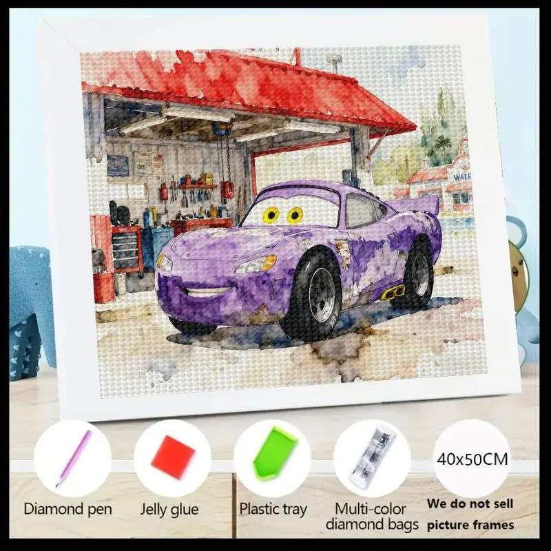 

1PC 5D DIY Full Drill Square Diamond Painting Kit, Purple Cartoon Racing Car in Garage Workshop Scene Diamond Art, Crystal Gem P