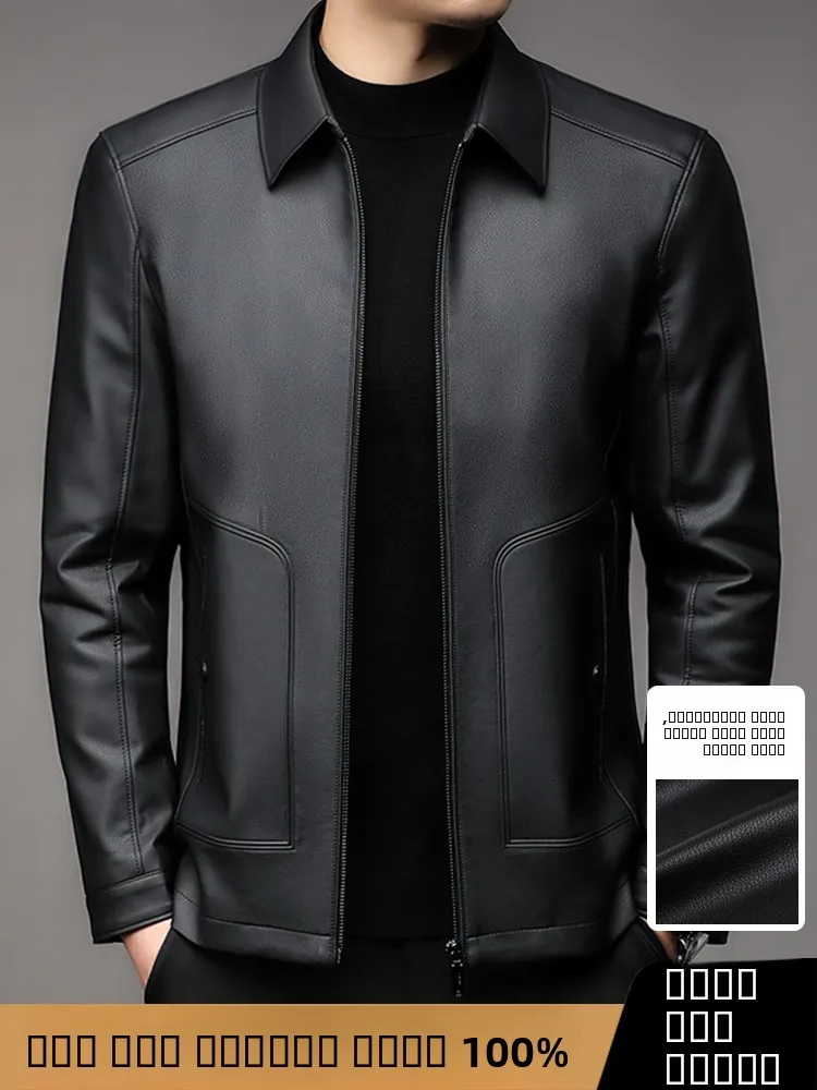 

Autumn Winter Deer Hide Leather Jaet Zipper Casual Lined Dad Sle Men's Leather Coat Busin Casual Midlife Outerwear