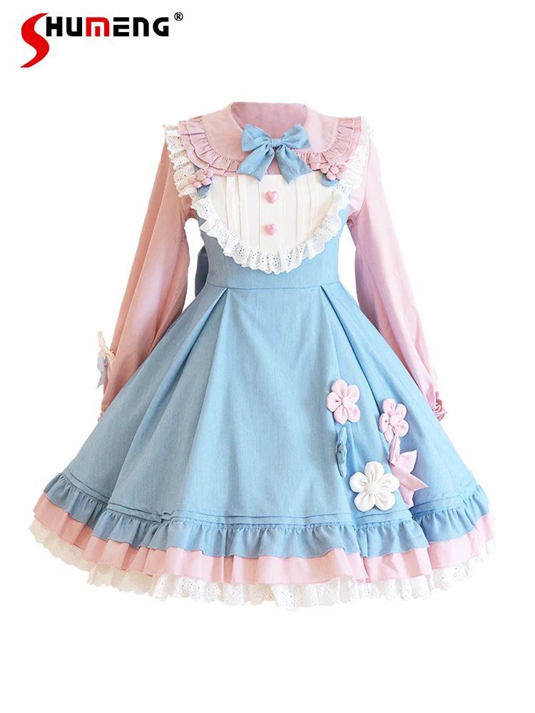 Imagem -04 - Conjunto Original de Vestido Doce para Meninas Manga Comprida Camisas Rosa com Arco Azul Vestidos Curtos Desgaste Kawaii Desgaste Bonito Loita Novo Primavera 2023