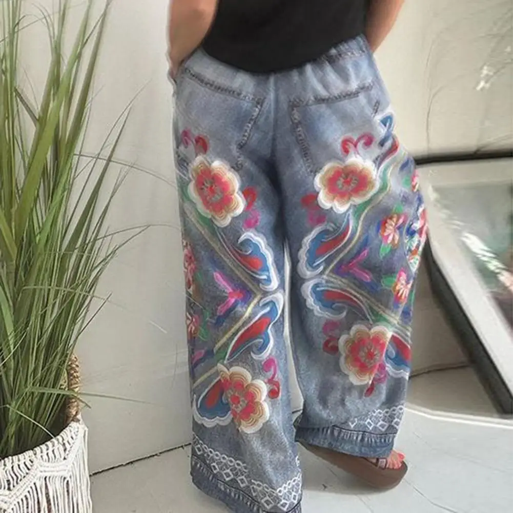 Imitatie Denim Zakbroek Overdreven Bedrukte Broek Met Wijde Pijpen En Elastische Taille Voor Dames En Imitatie Van Zakken