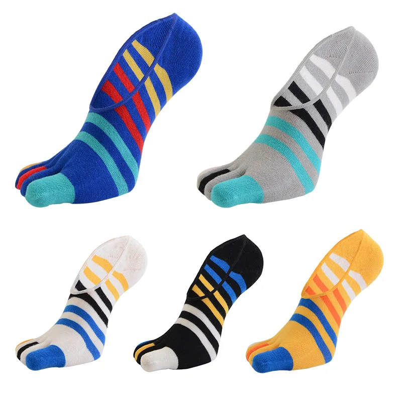 

5 Pairs Cotton Men's Invisible Low Tube Five-finger Socks Striped Silicone Anti-combed Cotton Boat Toe Socks