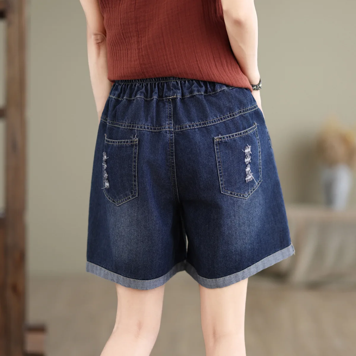 Mori kei clothing Japanese style designer elastic waist vintage floral embroider denim shorts summer loose jean shorts