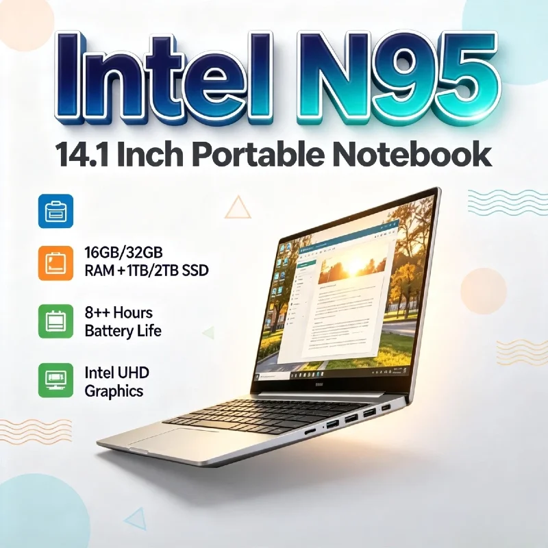 Intel N95 14.1 Inch Laptop 4C4T 3.4GHz 15W 6MB Cache 32GB RAM 1TB 2TB SSD 1920x1080 Portable Office Study PC Pro Max