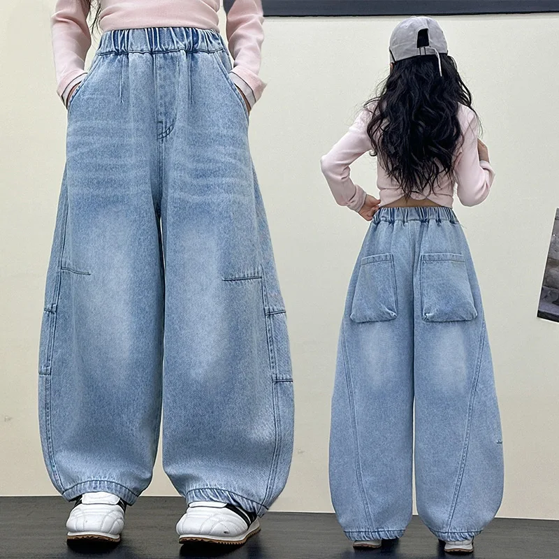 Fashion Kids Girl Street Style Hip Hop Denim Pants Children Light Blue Wash Curved Jeans For Teenager Spring Dancing Trousers