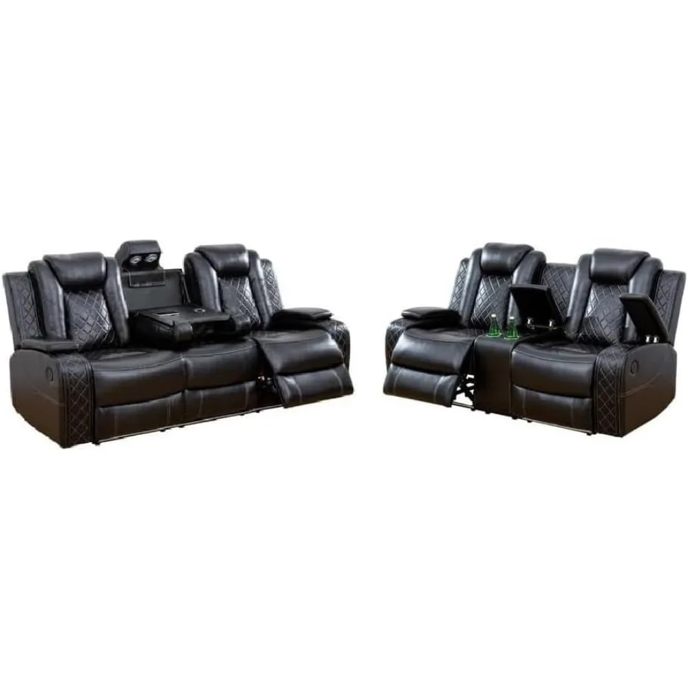 Multifunction Power Air Leather Recliner Sofa Set, Reclining Sofa With LED Lights, Loveseat, Chair With USB Port/Storage