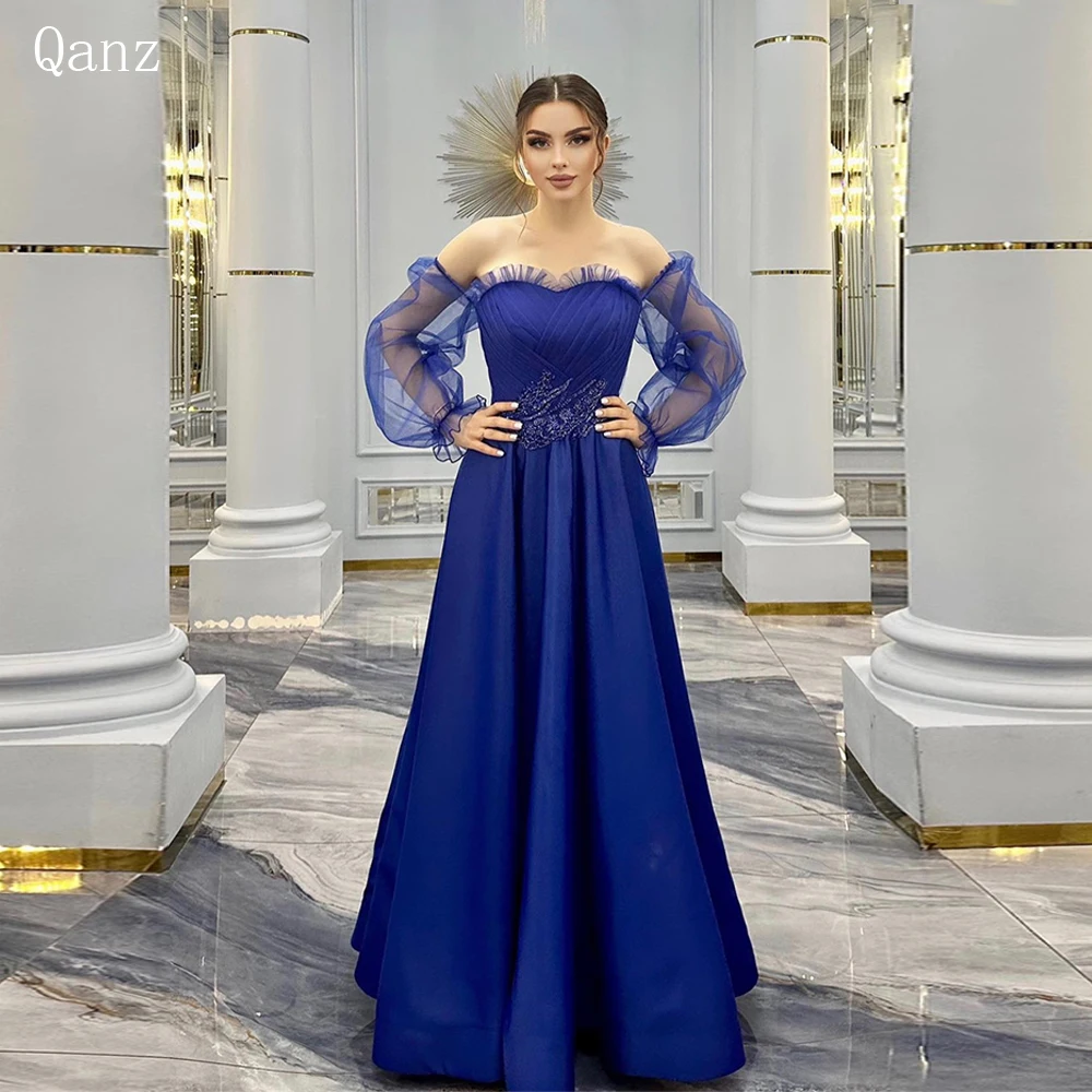 Qanz gaun malam elegan biru Royal gaun Puff tanpa tali Satin lengan panjang A Line Vestido De Noche untuk wanita 2023 baru