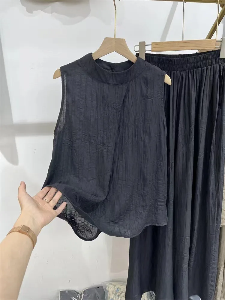 Faionable Women's Summer Outfit Casual Cotton Linen Svel Top And Wide Leg Pants Set Draped Feel Two Piece Set