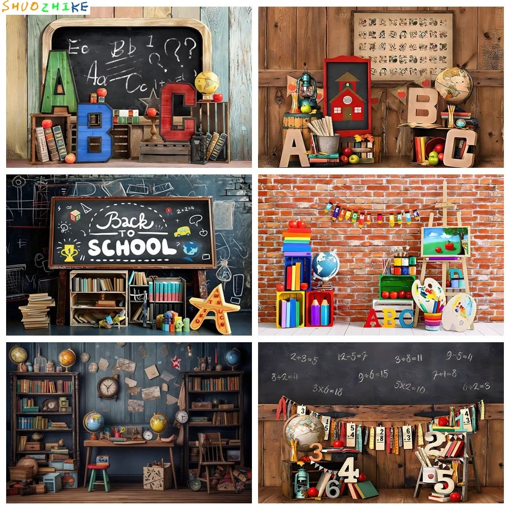 

Back to School Backdrop Blackboard Vintage Wood Wall Globe Books Children Portrait Photography Background Photo Studio Props