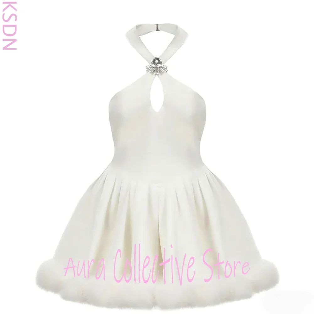 فستان نسائي قصير أنيق باللون الأبيض مع حواف من الفرو الصناعي، فستان عتيق بدون أكمام، فستان بسيط نقي لحفلات أعياد الميلاد #2