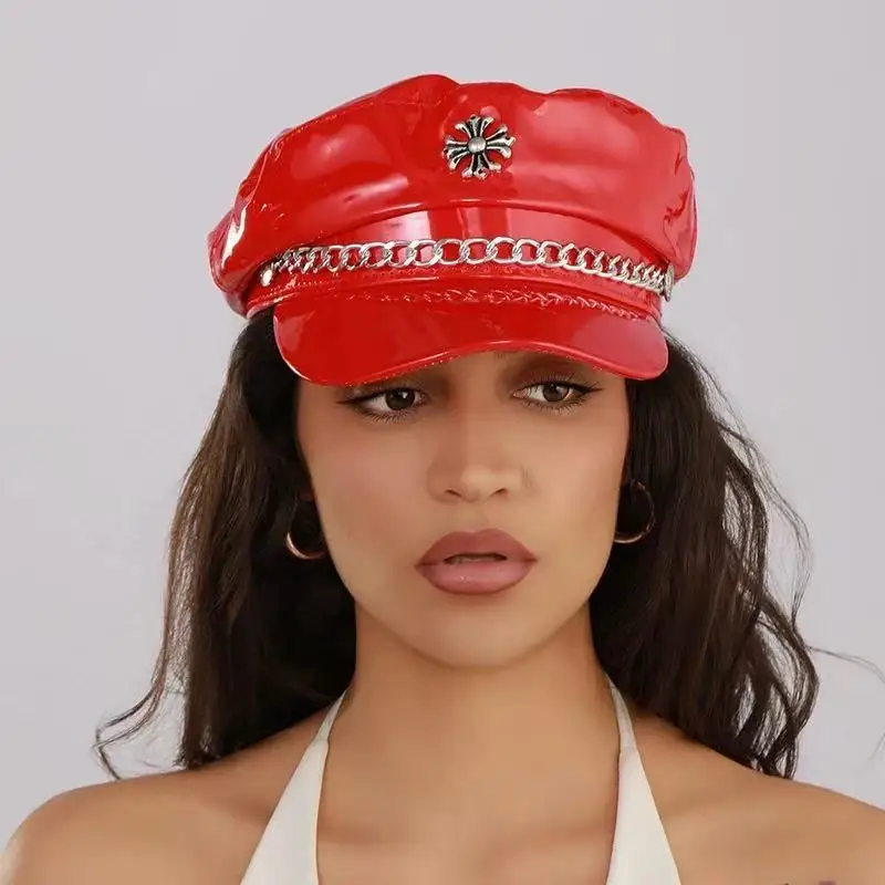 Gothic PU Leather Rivet Punk Cap Dark Retro Beret Hats for Mens Women Spike Cap Lolita Cool Sunscreen Painter Caps Boina Mujer