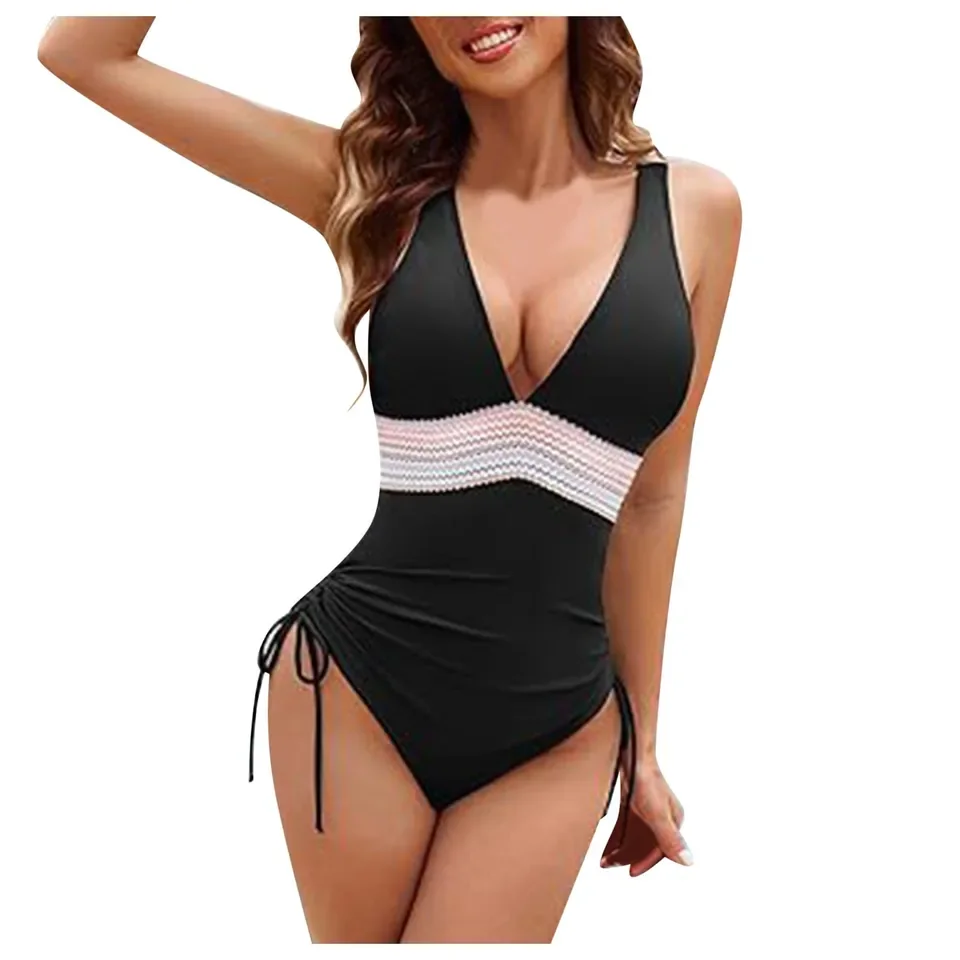 Womens Deep V Swimsuits Swim Slimming Color Block Drawstring Swimwear New High Elastic Swimwear Women'S Bikinis And Tankinis